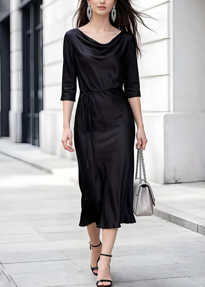 Black Turtle Neck Lace Up Silk Dress Summer