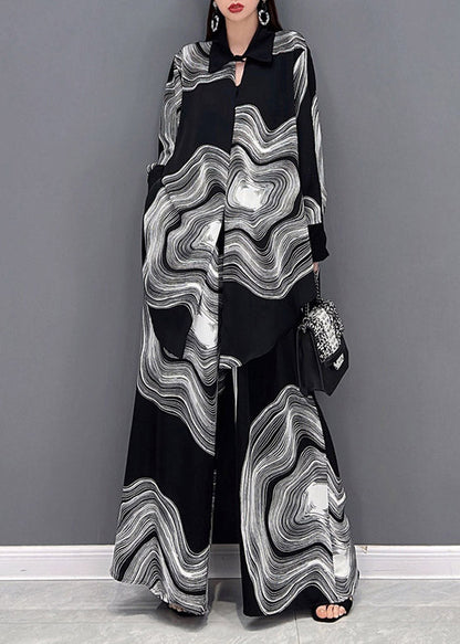 Vogue Peter Pan Collar Print Shirts and Wide Leg Pants Two Piece Set Long Sleeve