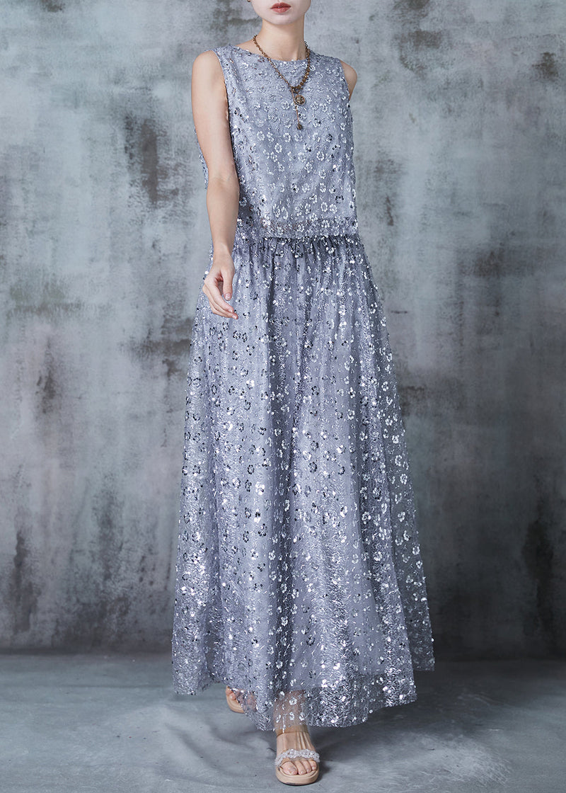 French Grey Sequins Back Lace Up Silk Two Pieces Set Summer