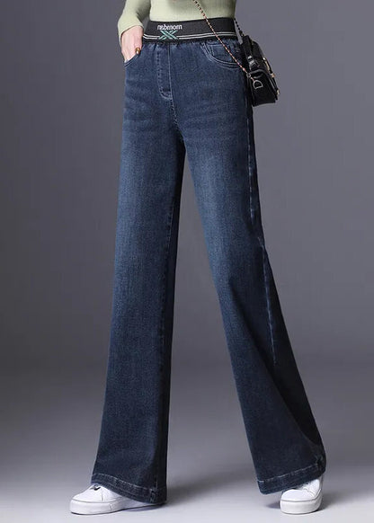 Boutique Original Design Blue Grey Elastic Waist Pockets Cotton Denim Straight Pants Spring