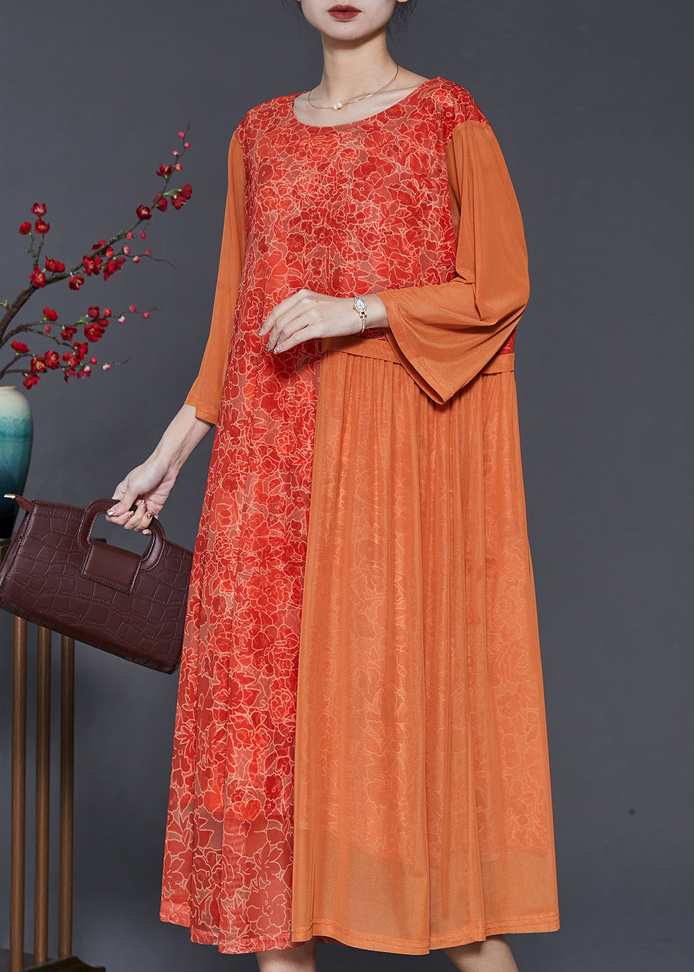 Orange Print Patchwork Silk Long Dress Bracelet Sleeve