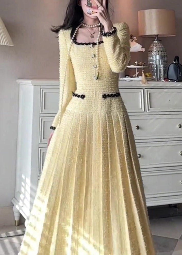 Yellow Square Collar Pleated Dresses Fall