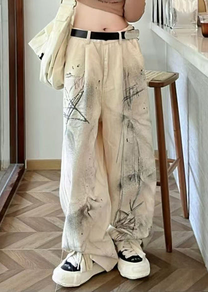 Beige High Waist Pockets Tie Dye Denim Straight Pants Fall