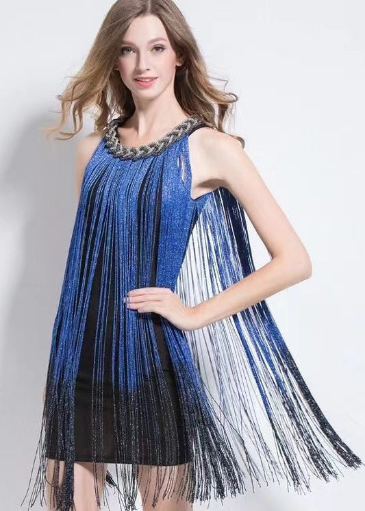 Stylish Slim Fit Blue Tasseled Cotton Dress Sleeveless