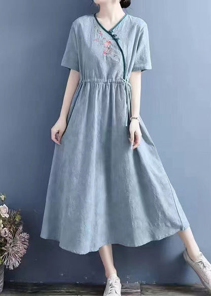 Yellow Embroidered Lace Up Linen Dresses Summer