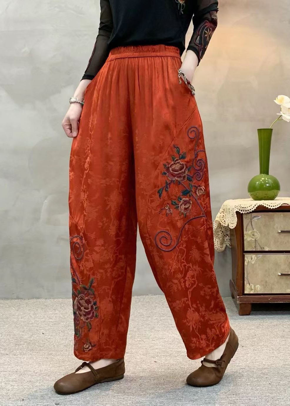 Orange Embroidered Jacquard Pockets Silk Harem Pants Spring