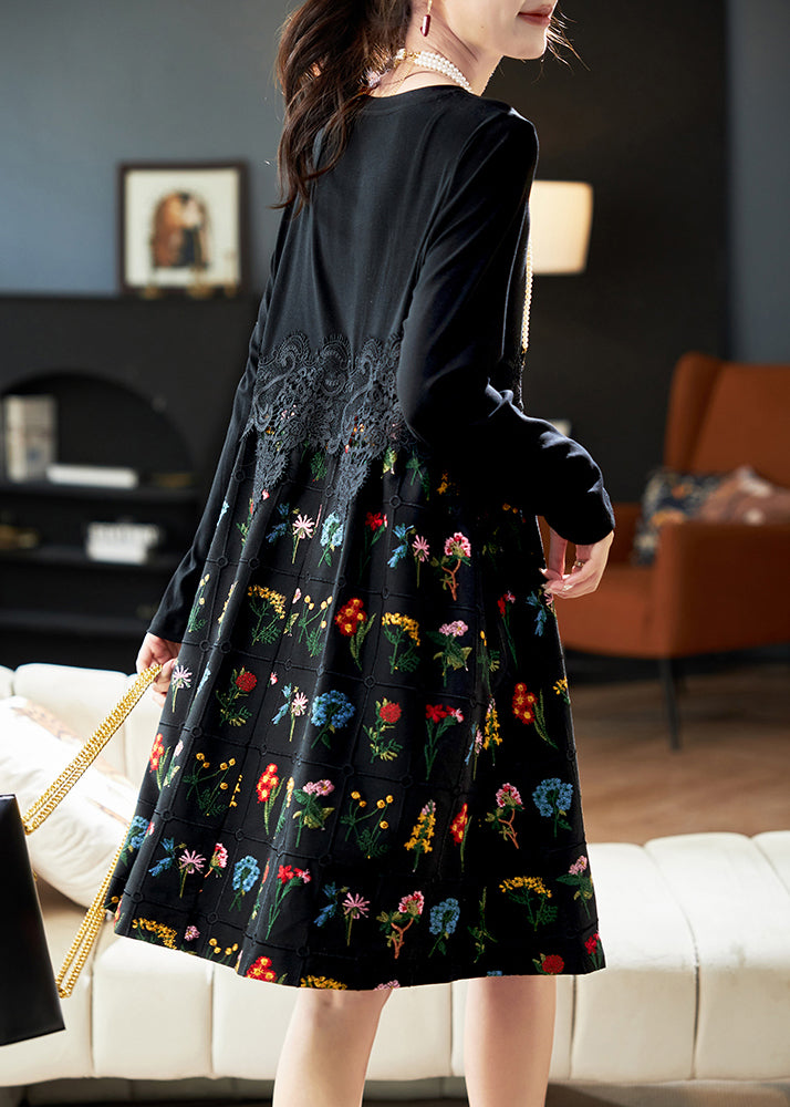 Black Embroidered Lace Patchwork Cotton Dress Spring