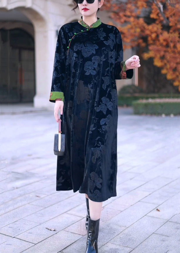 Black Stand Collar Print Silk Velour Long Dress Winter