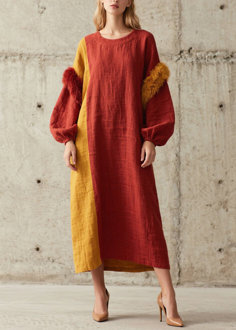 Colorblock O Neck Fuzzy Fur Patchwork Cotton Dress Fall