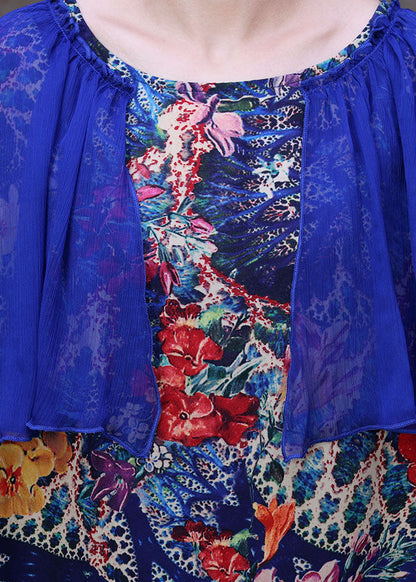Simple Blue O-neck Patchwork Print Silk Vacation Dresses Cloak Sleeves