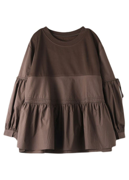 Chocolate O-neck Patchwork Wrinkled Cotton Top Long Sleeve