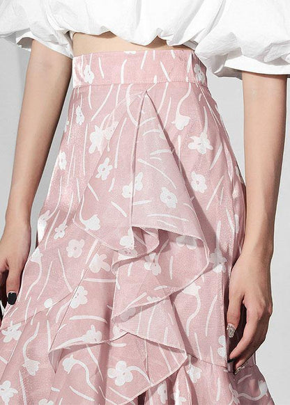 Pink Print Ruffles Asymmetrical Design Mermaid Skirt
