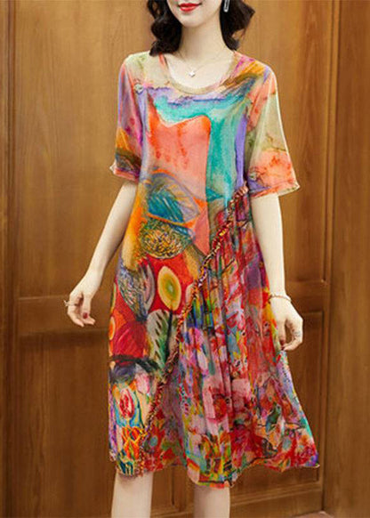 Diy O-neck Print Wrinkled Silk Maxi Dresses Short Sleeve