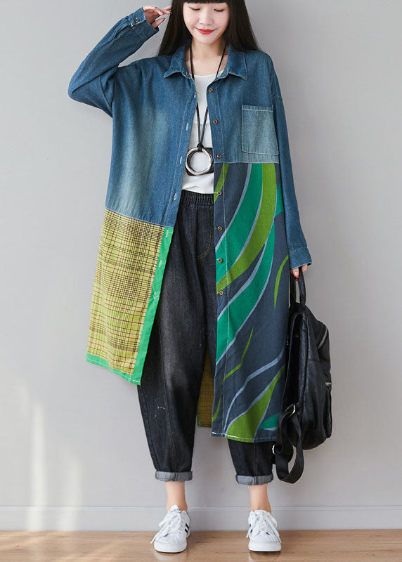 Blue Asymmetrical Patchwork Print Cotton Denim Trench Coats Spring