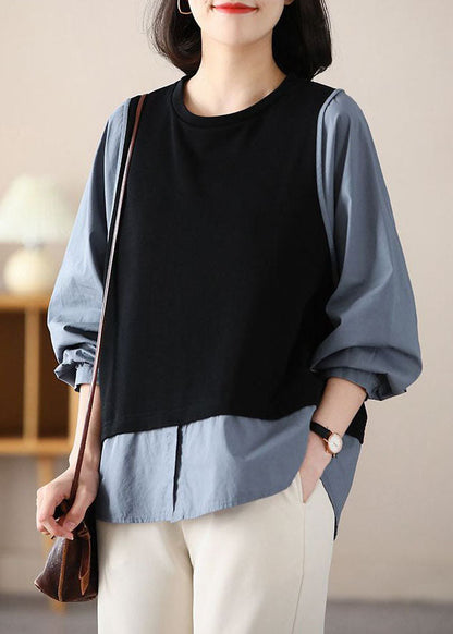 Black Patchwork Cotton Fake Two Piece Top O-neck Spring