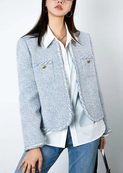 Blue O Neck Button Patchwork Cotton Coats Fall