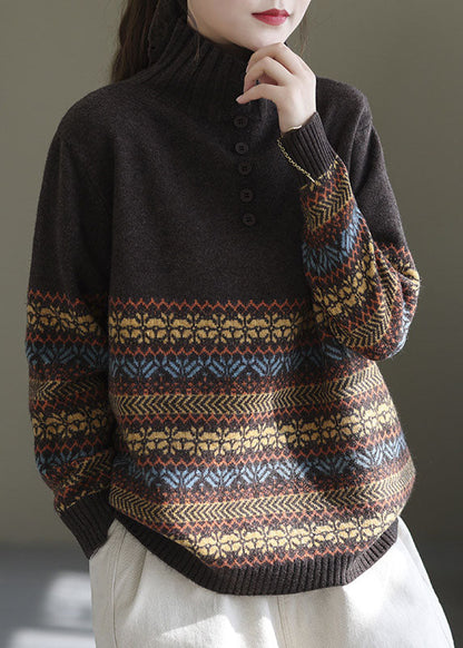Chocolate Turtle Neck Print Knit Short Sweater Spring