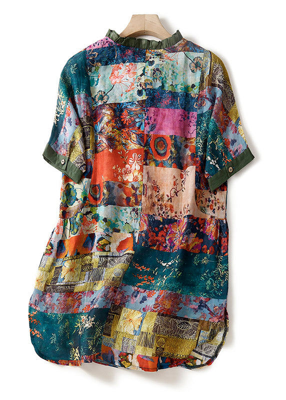 Print Button Side Open Linen Shirts Short Sleeve