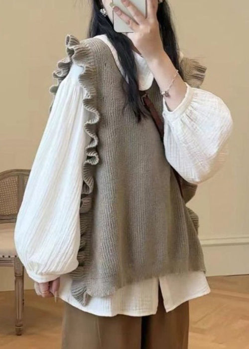 Loose Grey Ruffled Knit Vest and Shirts Two Pieces Set Spring
