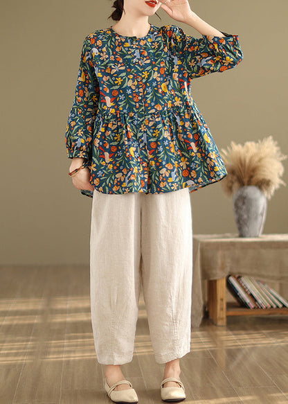 Diy Green Print Cotton a Line Shirt Tops Spring
