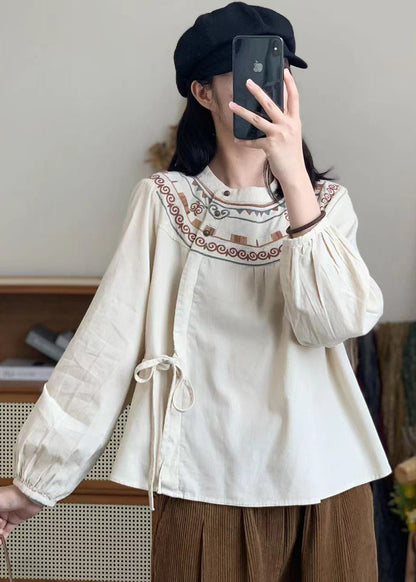 Retro White Embroidered Lace Up Corduroy Shirt Spring