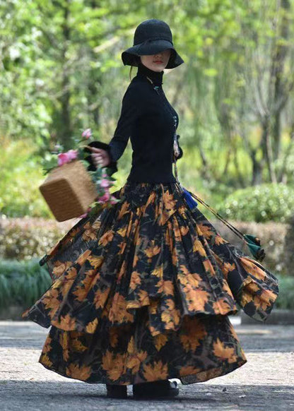 Print Elastic Waist Asymmetrical Cotton Skirts Spring