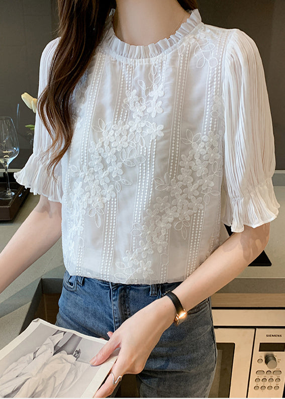 White Embroidered Chiffon Shirts Summer