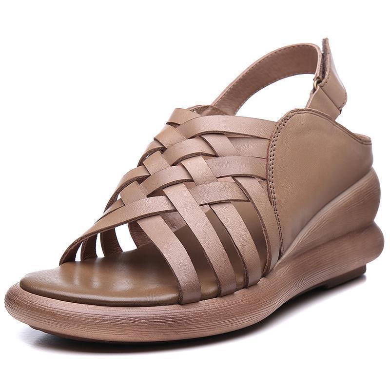 Khaki Sandals Wedge Cowhide Leather Sandals