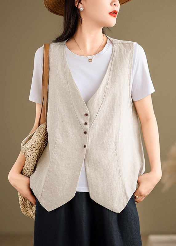 Khaki V Neck Button Cotton Vest Tops Sleeveless