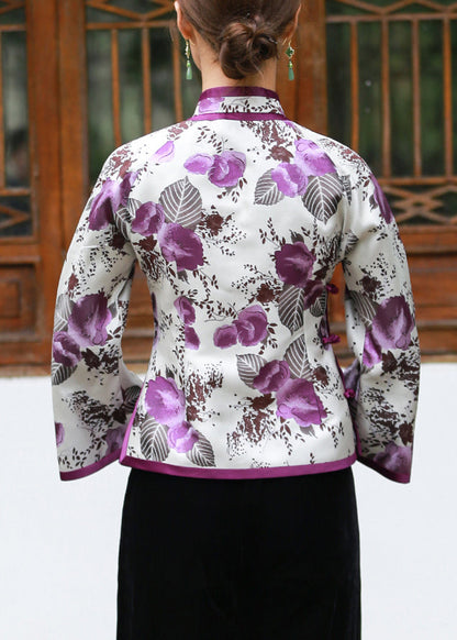 White Print Button Patchwork Silk Blouses Flare Sleeve