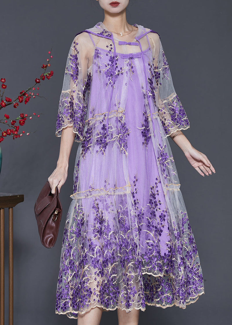 Purple Embroidered Tulle Dress Two Pieces Set Summer