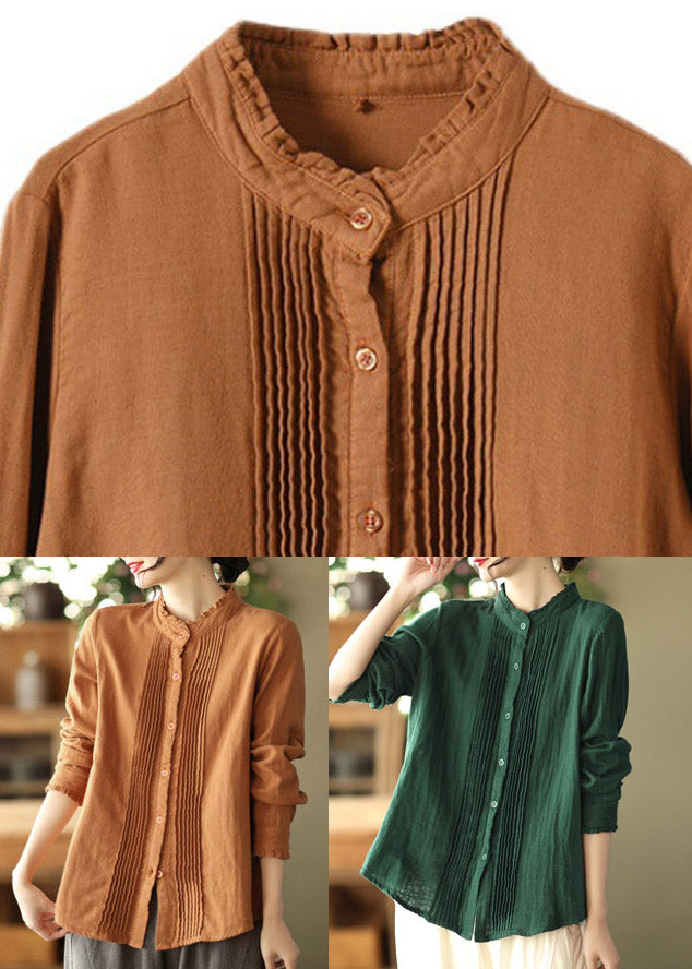 Caramel Stand Collar Button Cotton Shirt Long Sleeve