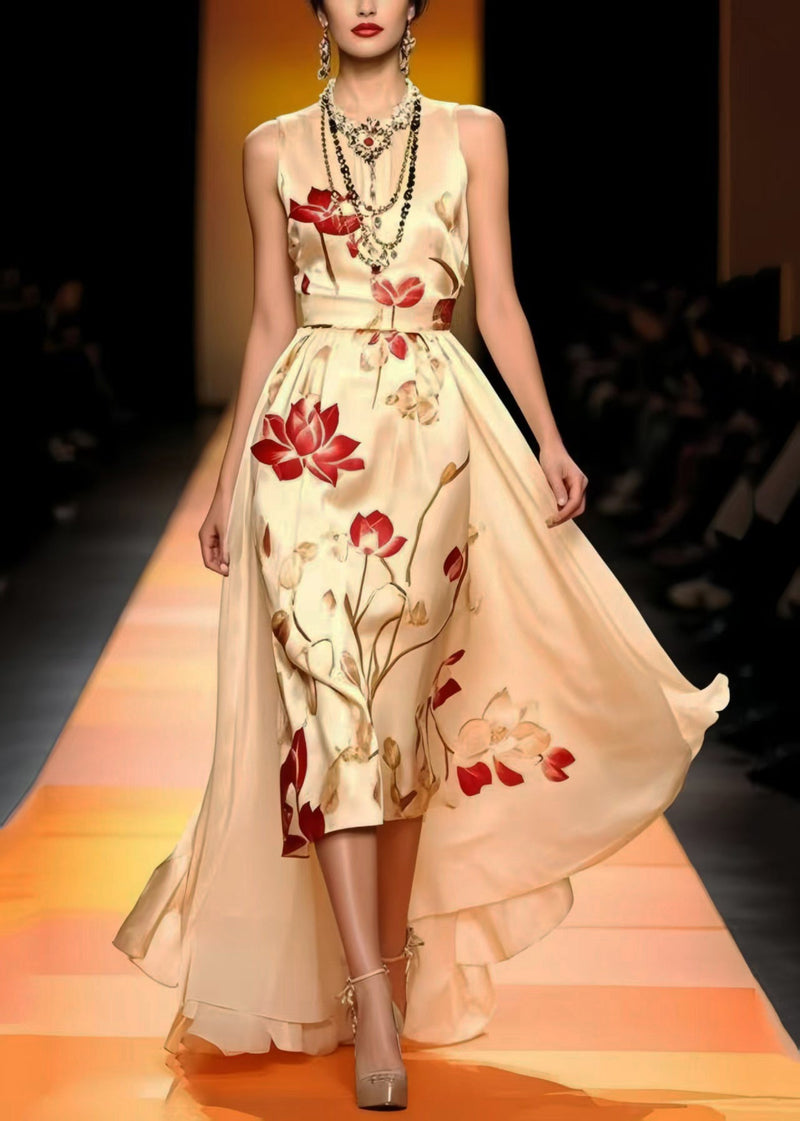 Fine Champagne Print Low High Design Silk Vestidos Dresses Sleeveless Summer