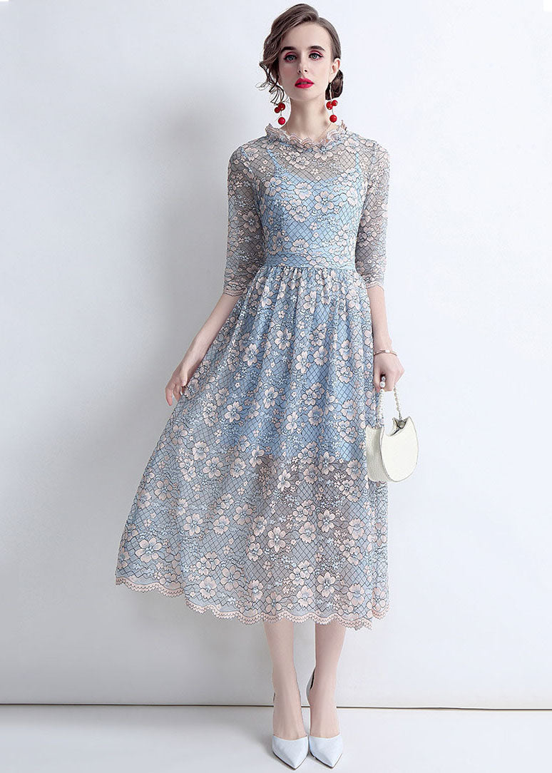 French Blue O-neck Hollow Out Lace Cinch Dresses Half Sleeve