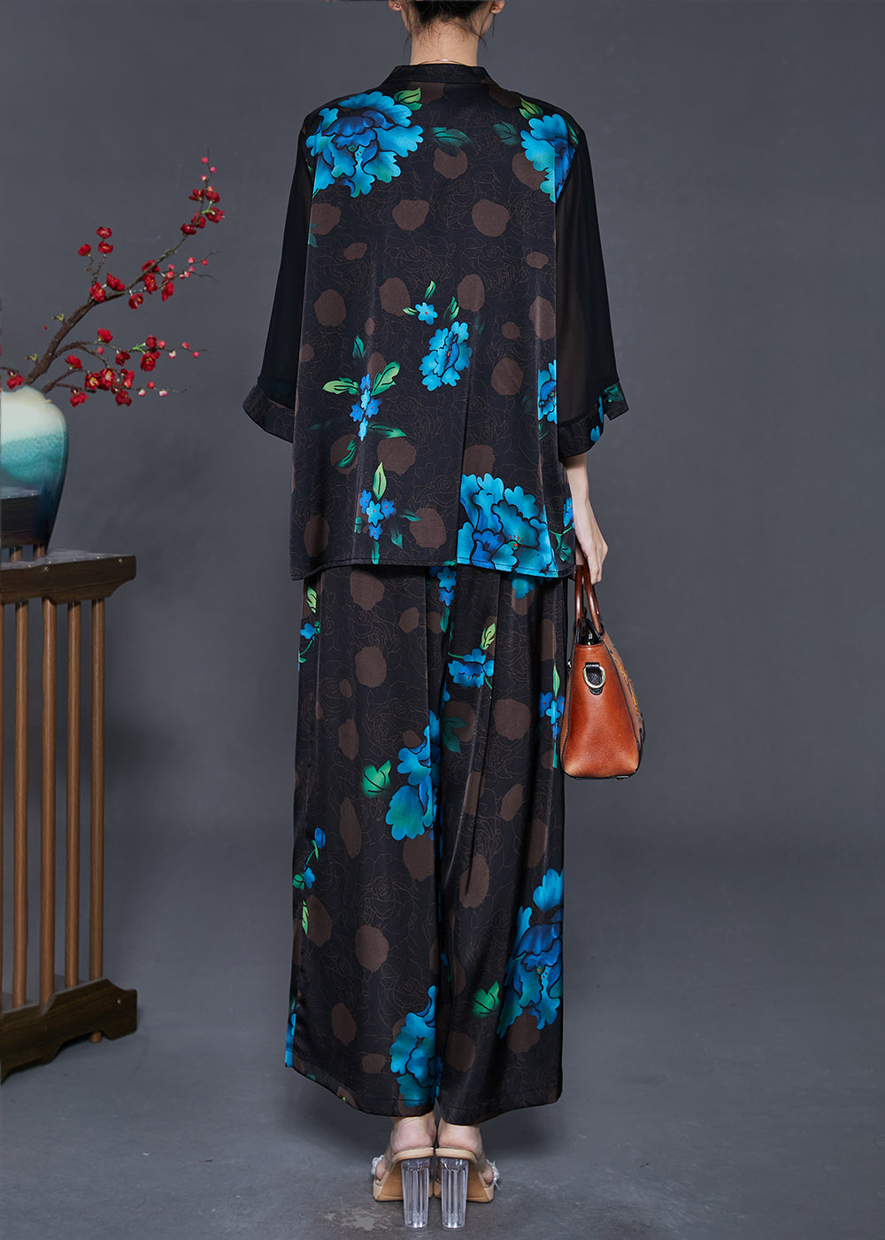 Blue Silk Two Piece Suit Set Oversized Fall