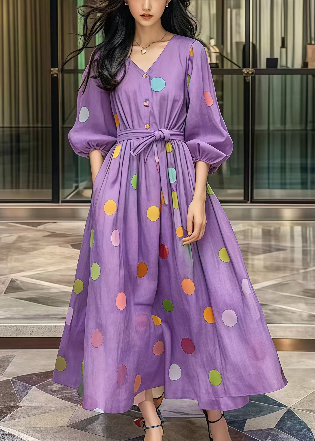 Purple Tie Waist Print Cotton Robe Dresses Fall