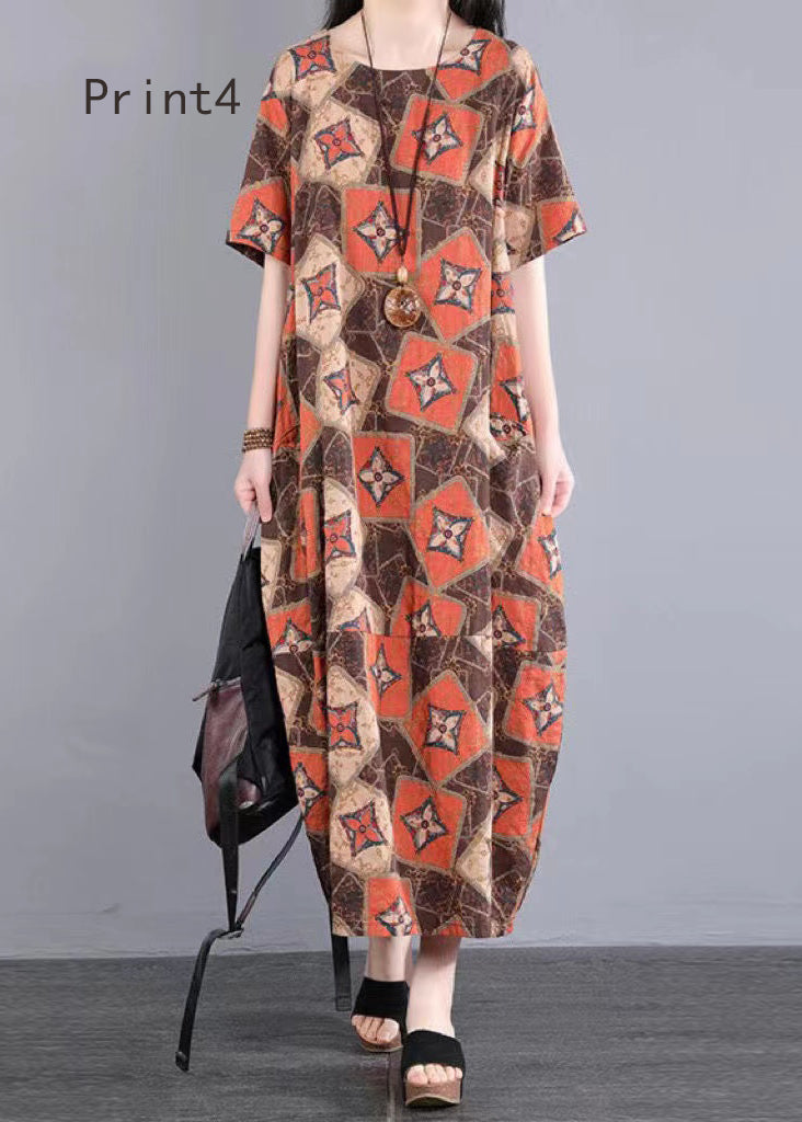 O Neck Print Patchwork Cotton Long Dresses Summer