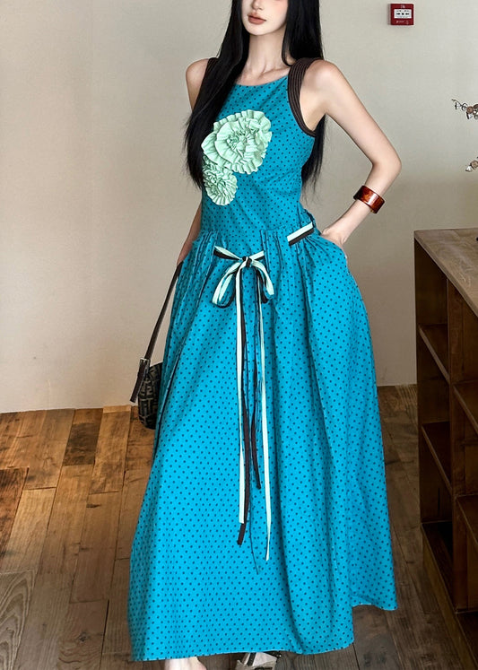 Blue Tie Waist Flower Decorated Cotton Dress Sleeveless