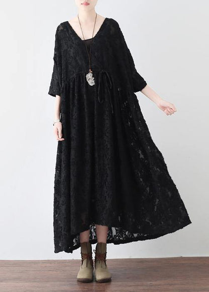 Summer Italian Black Chiffon Round Neck Holiday Dress