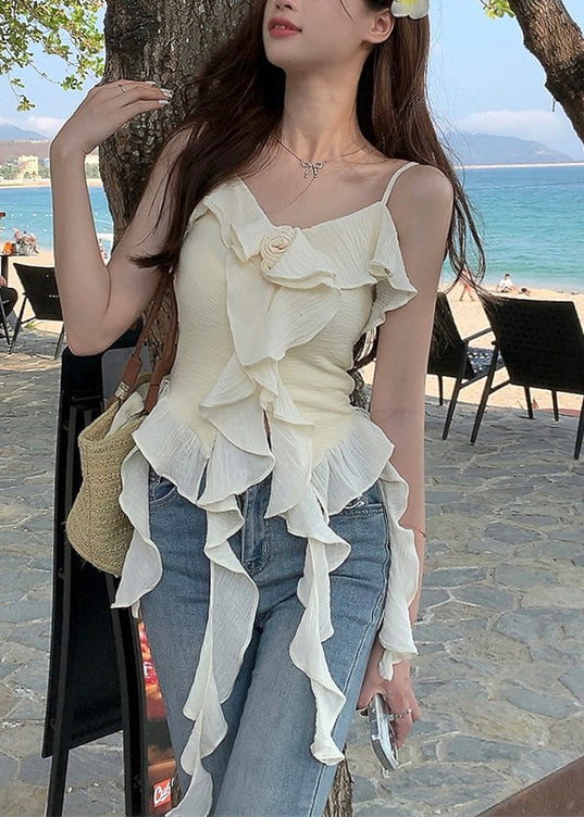Apricot Ruffled Cotton Spaghetti Strap Tank Sleeveless