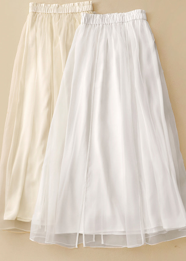 Apricot Elastic Waist Wrinkled Patchwork Tulle Skirts Summer