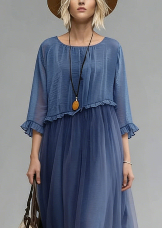 Blue O-neck Ruffled Tulle Patchwork Chiffon Dress Summer