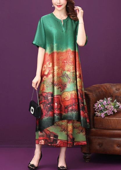Green Print Silk Long Dress and Wide Leg Pants Two Piece Suit Set V Neck Summer