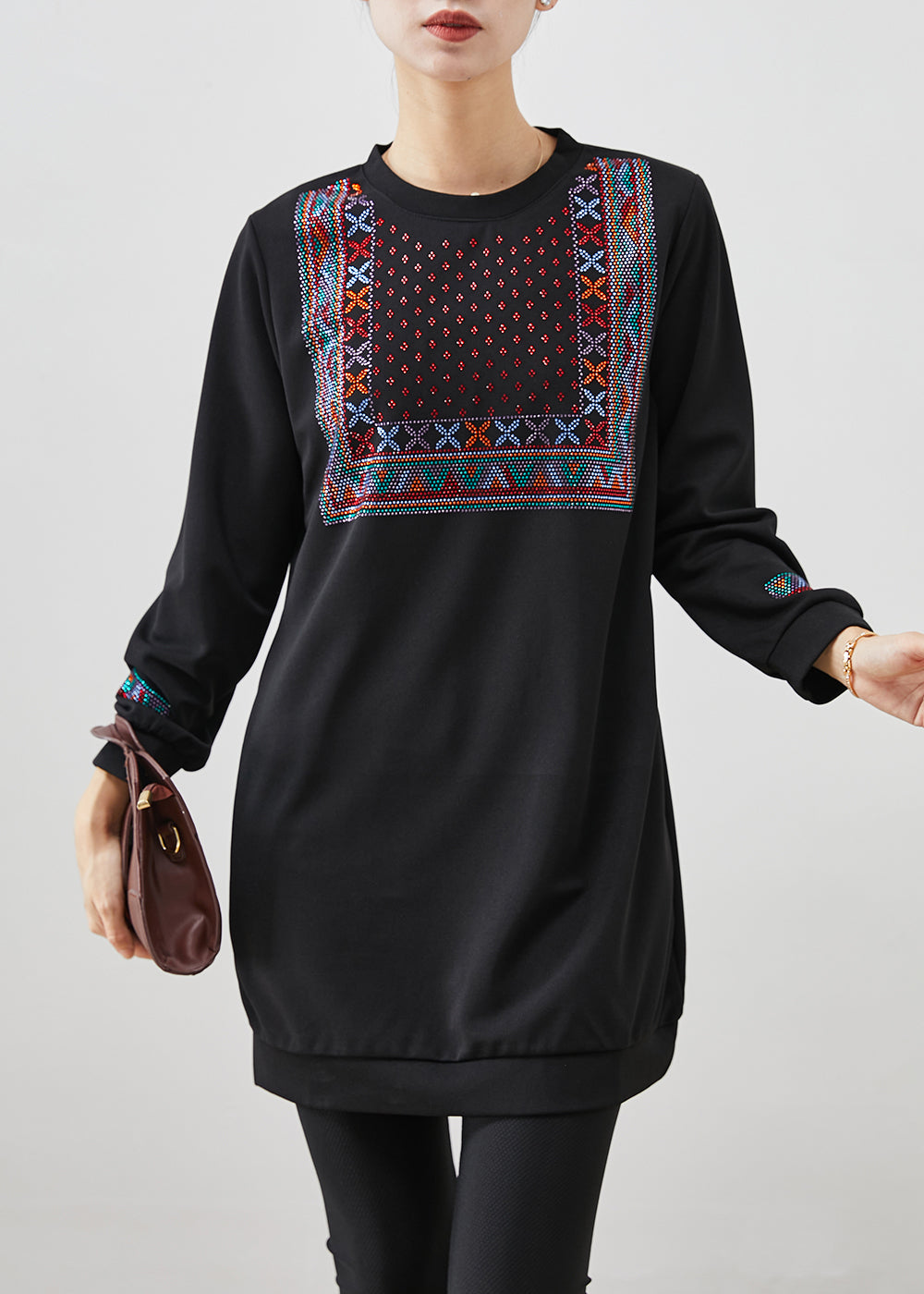 Black Oversized Zircon Cotton Sweatshirts Dress Fall