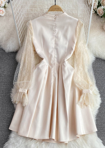 Apricot Stand Collar Tulle Patchwork Nail Bead a Line Maxi Dresses Long Sleeve