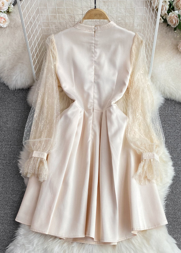 Apricot Stand Collar Tulle Patchwork Nail Bead a Line Maxi Dresses Long Sleeve