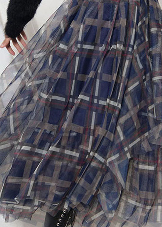 Art Blue Plaid Patchwork Tulle Cirlce Skirt Spring