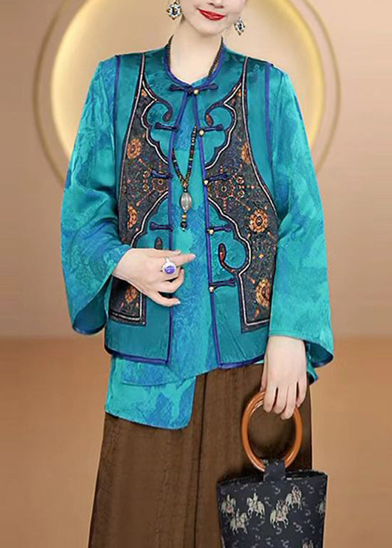 Blue O Neck Oriental Button Silk Vest Sleeveless