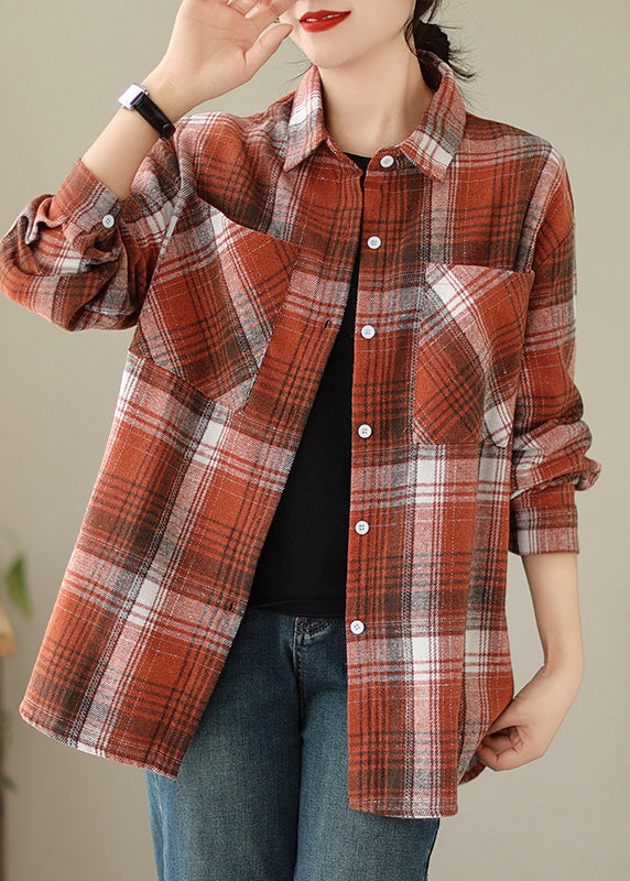 Orange Peter Pan Collar Pockets Plaid Cotton Coat Fall