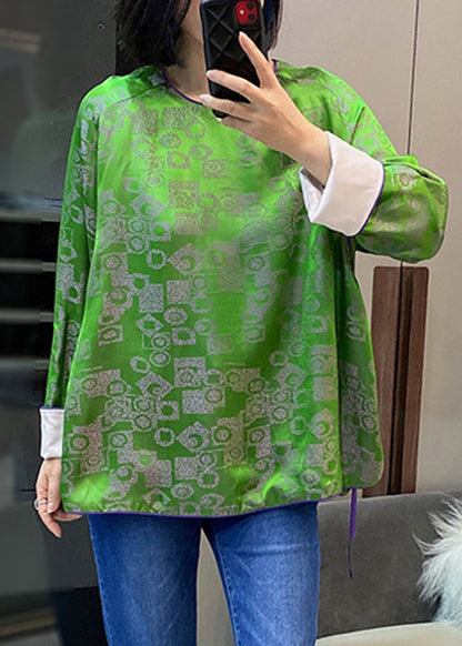 Green O-neck Tie Waist Patchwork Jacquard Silk Shirts Long Sleeve